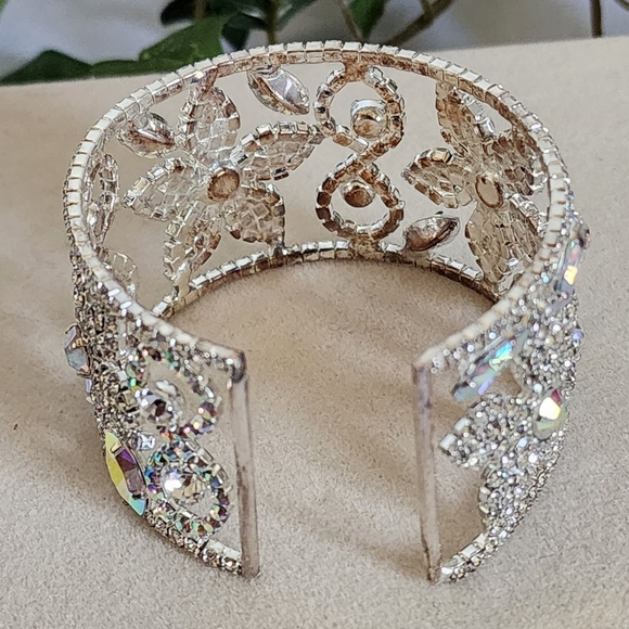 Silver Open Cuff Glam Bracelet Iridescent and Clear Crystal Design - Picture 3 of 8